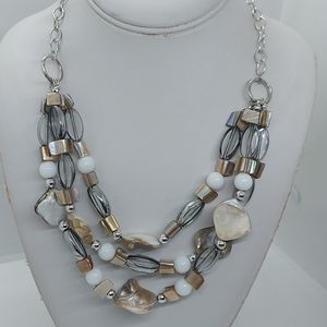 Triple Strand Mother‎ Of Pearl Silver Tone Necklace